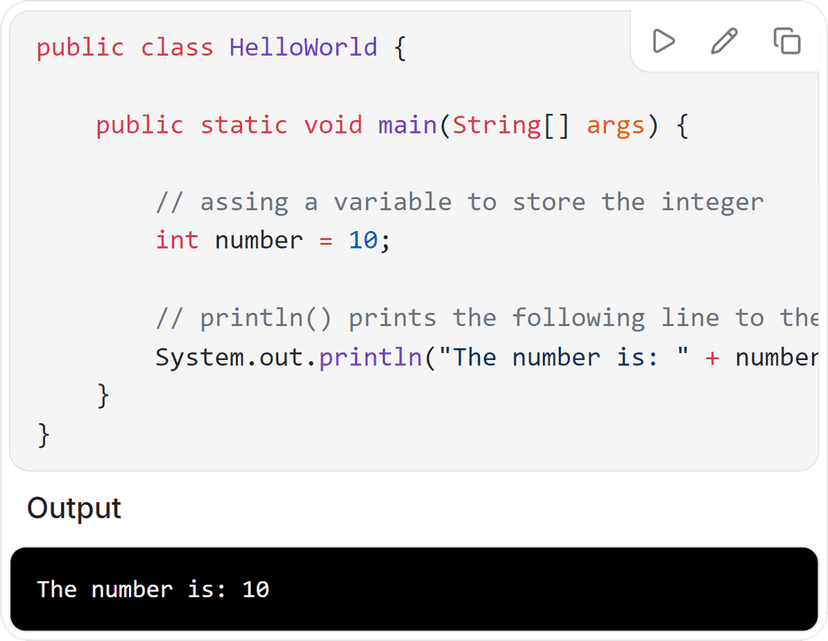 Interactive coding playground interface for hands-on Java learning